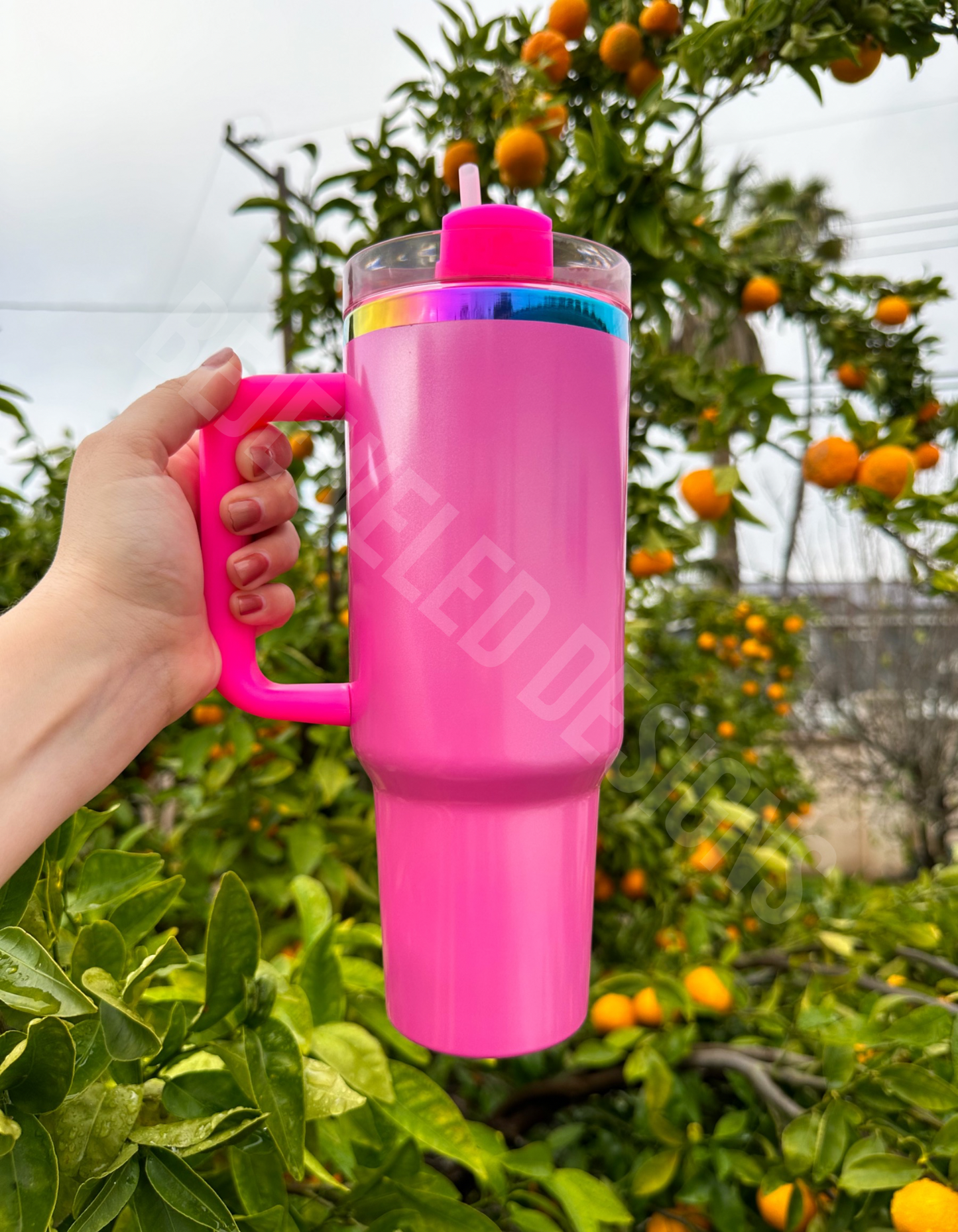 40 OZ Pink Pearlescent Chrome Rim Tumbler