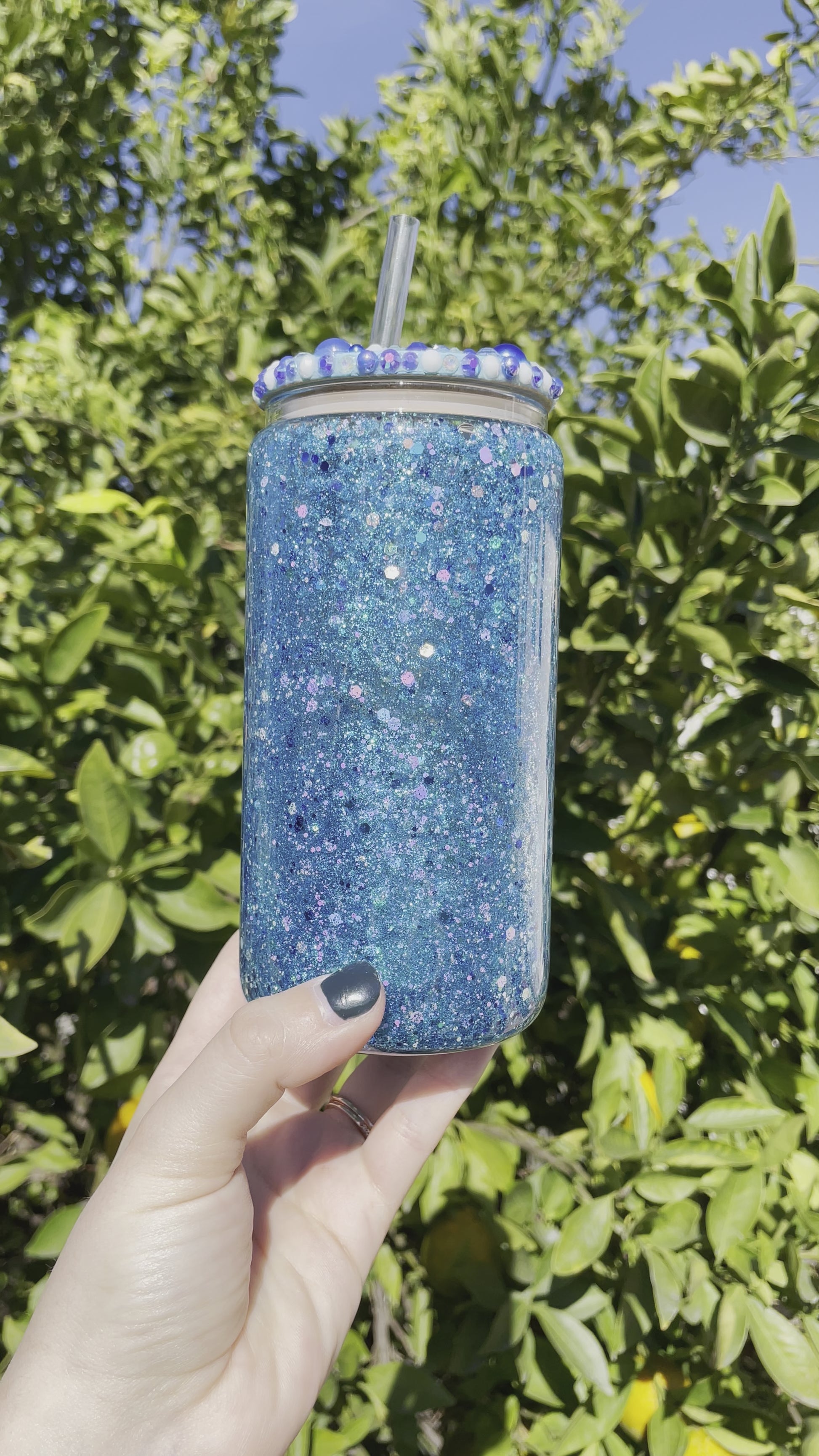 Blue Glitter Snowglobe Beer Can – Bejeweled Designs