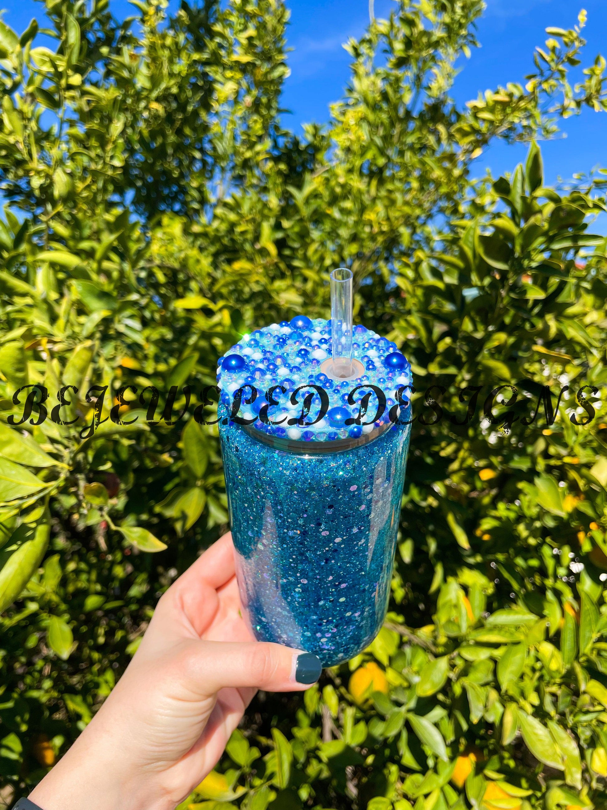Blue Glitter Snowglobe Beer Can – Bejeweled Designs
