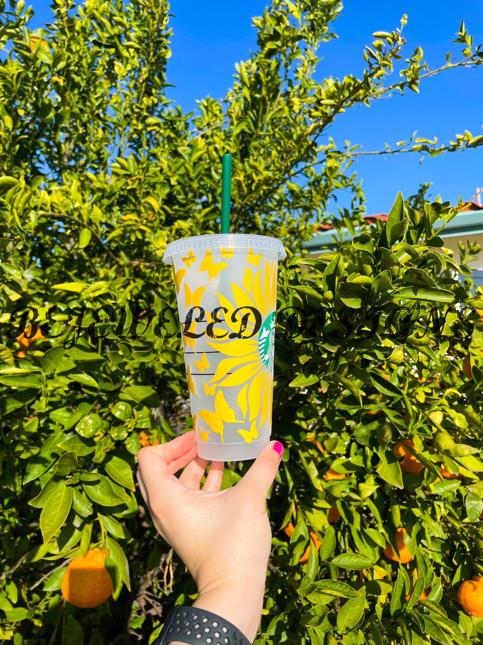 Personalized Sunflower + Butterflies Starbucks Reusable Cup