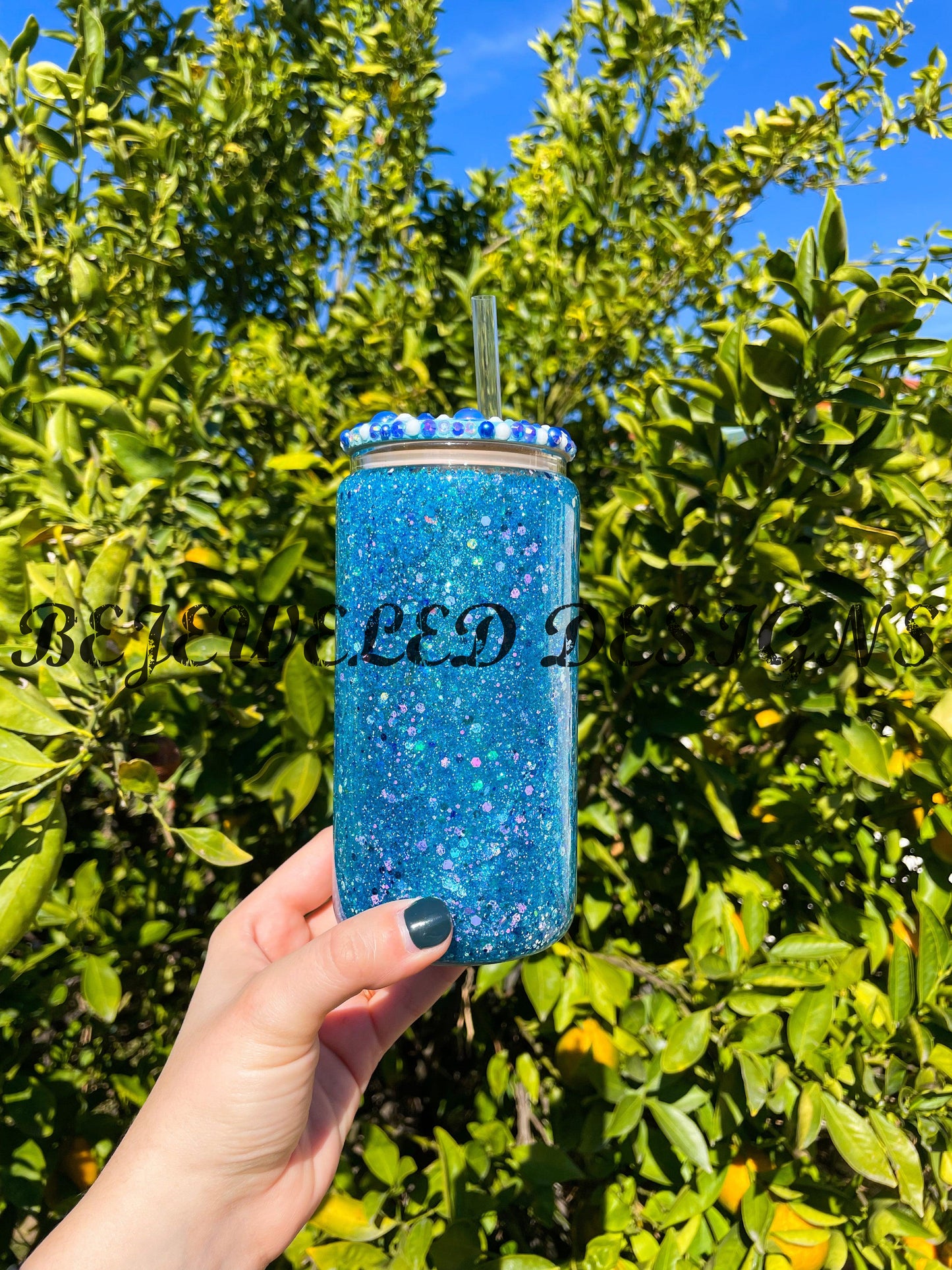 Blue Glitter Snowglobe Beer Can